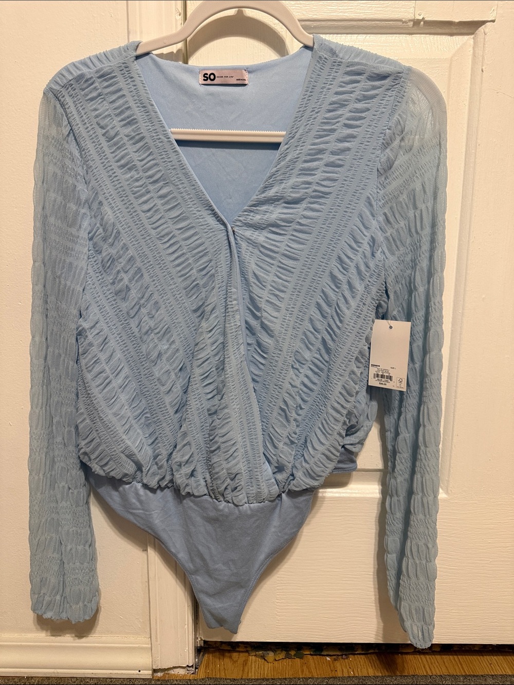 SO Sky Blue Long Sleeve Textured V-Neck Bodysuit